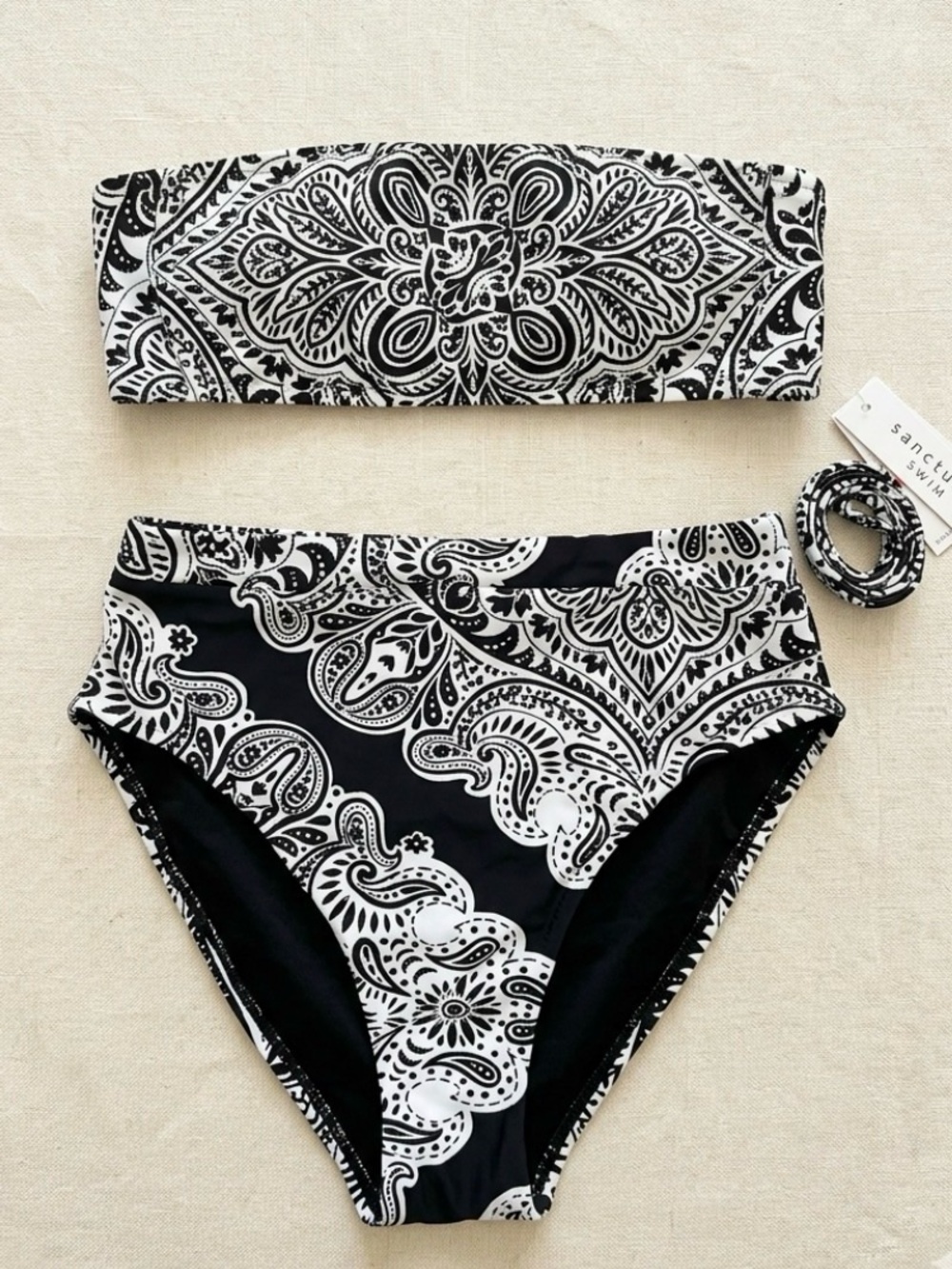 NWT Sanctuary Black & White Paisley High-Rise Bandeau Bikini XS